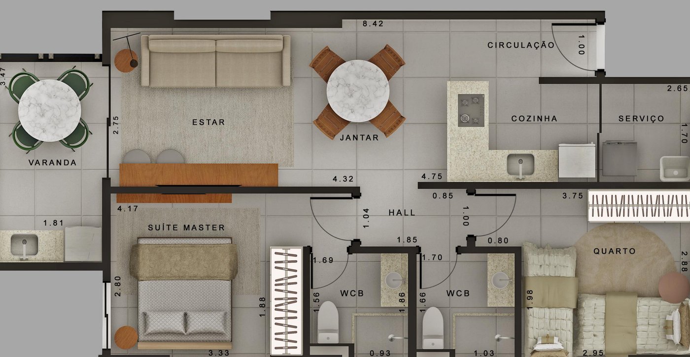 Planta humanizada do apartamento final 01, com 2 quartos