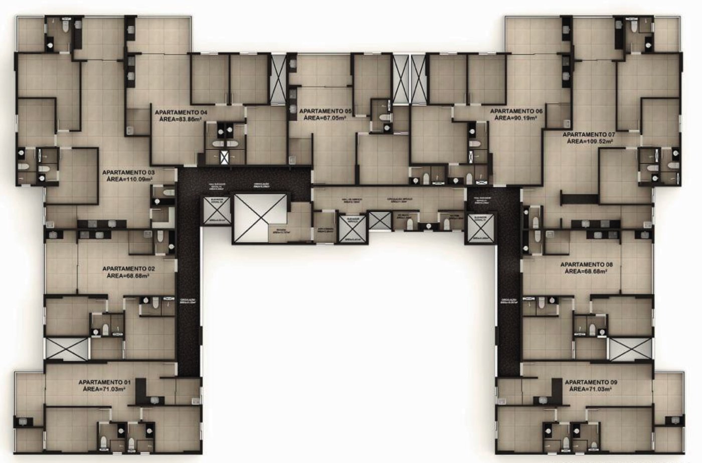 Planta do pavimento tipo do Aquamare Residence, com 9 apartamentos por andar