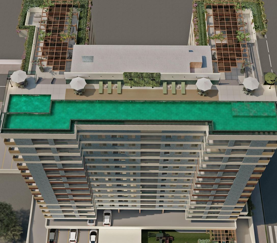 Vista aérea do prédio com o rooftop e a piscina