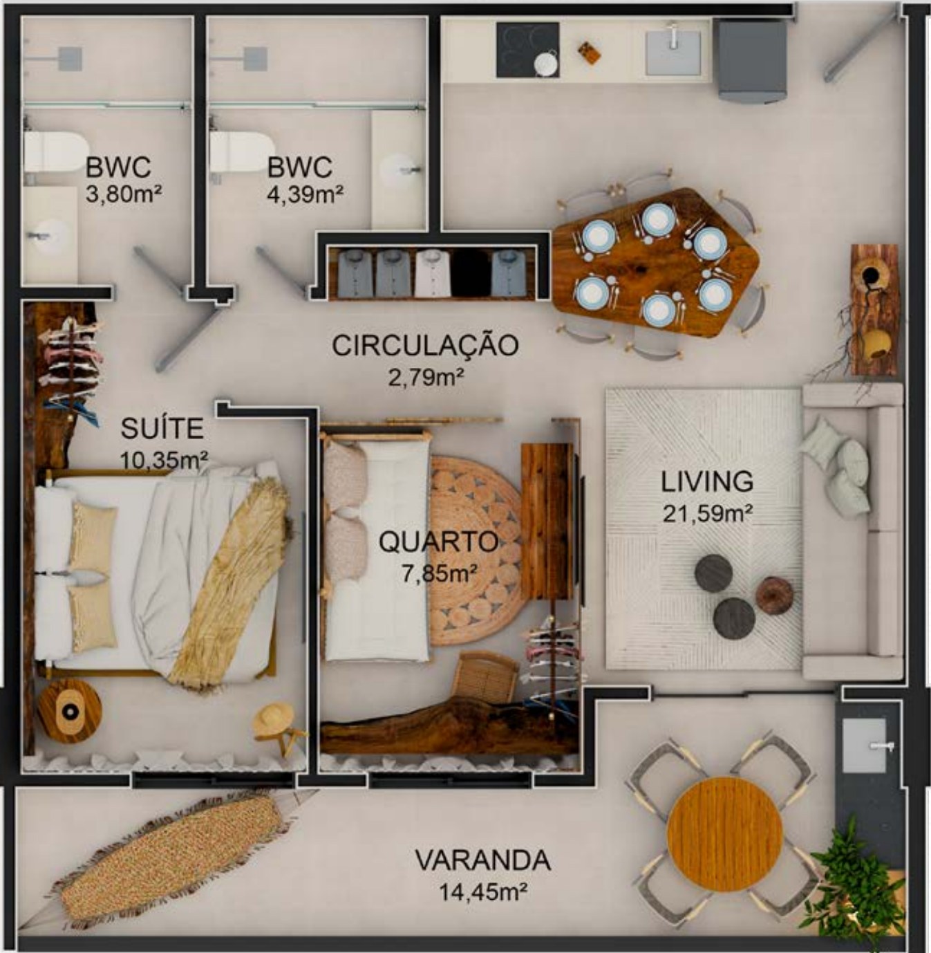 Planta do 2 quartos de 74 m²