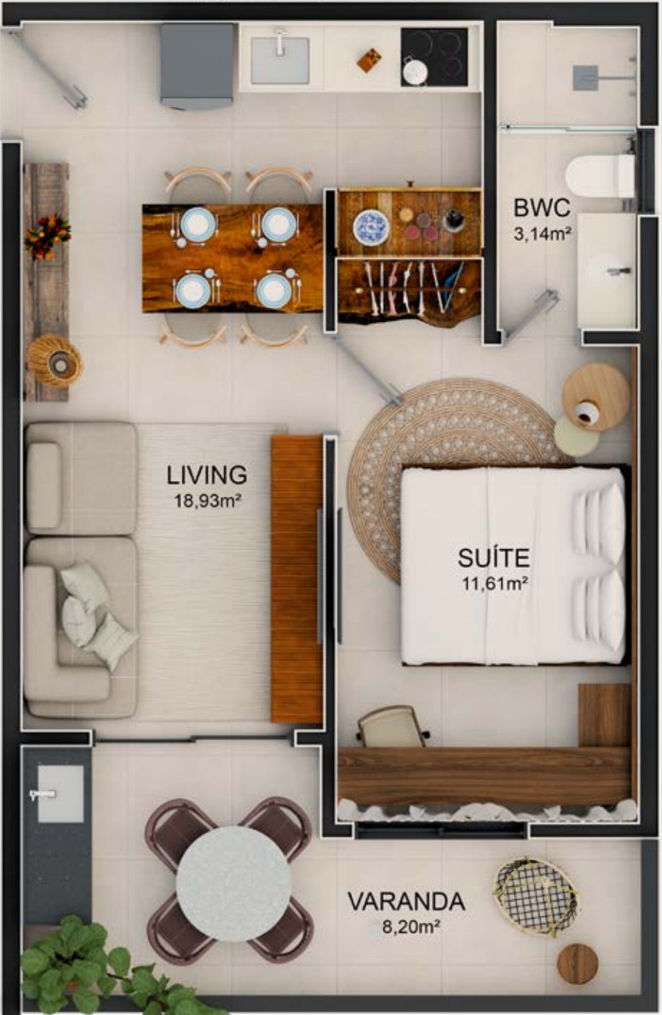 Planta do quarto e sala de 50 m²