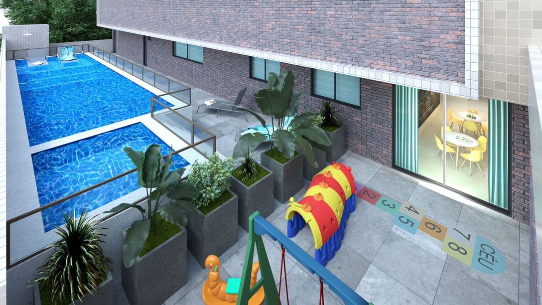 Piscina adulto e infantil com prainha e deck