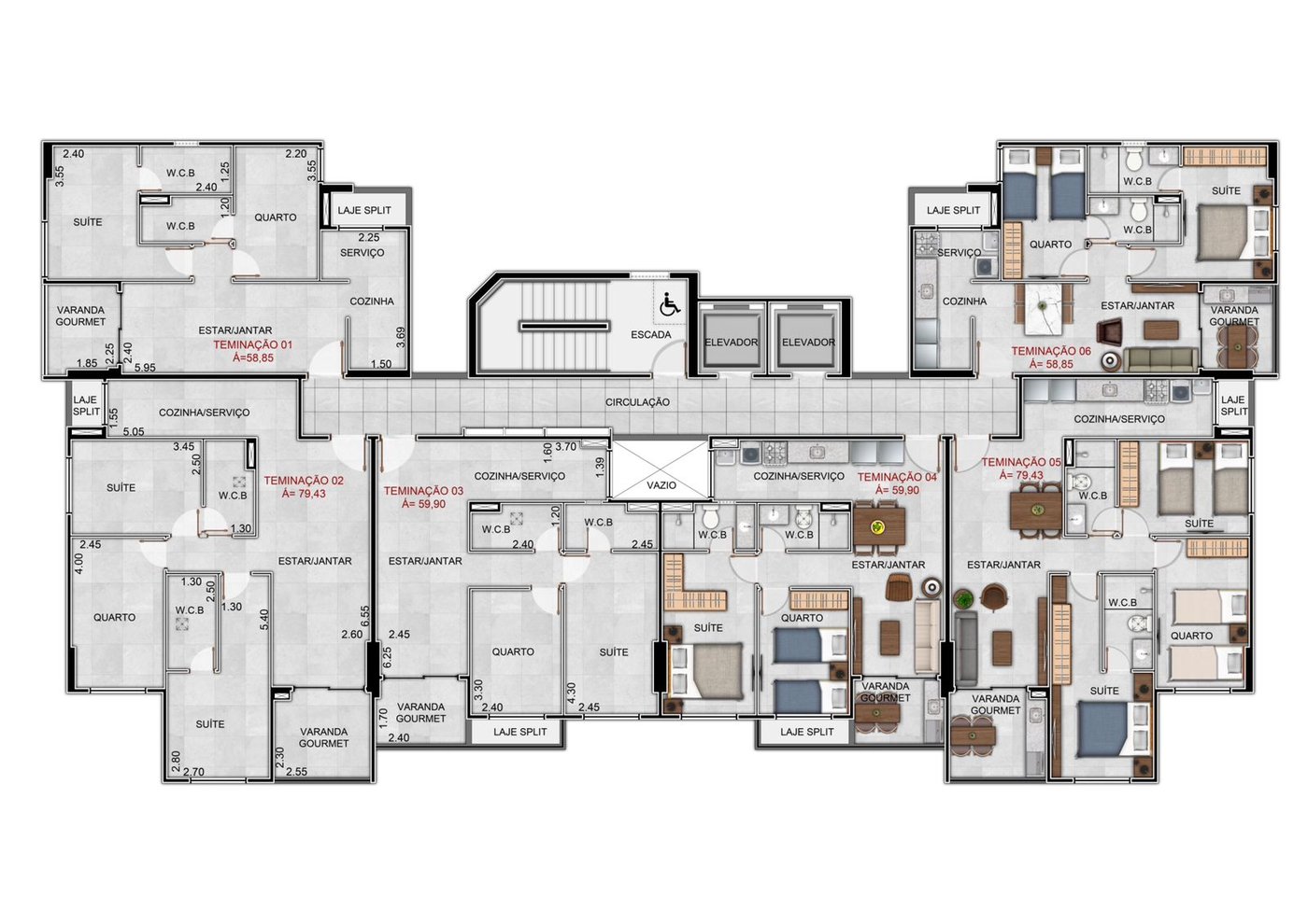 Planta do pavimento tipo do Brisas do Atlântico, com 6 apartamentos por andar
