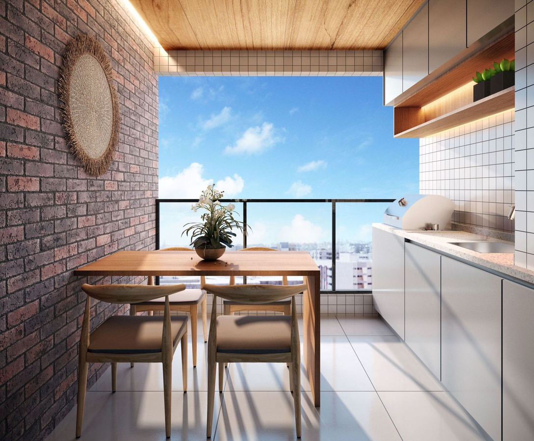 Varanda gourmet com mesa de jantar e vista para a cidade