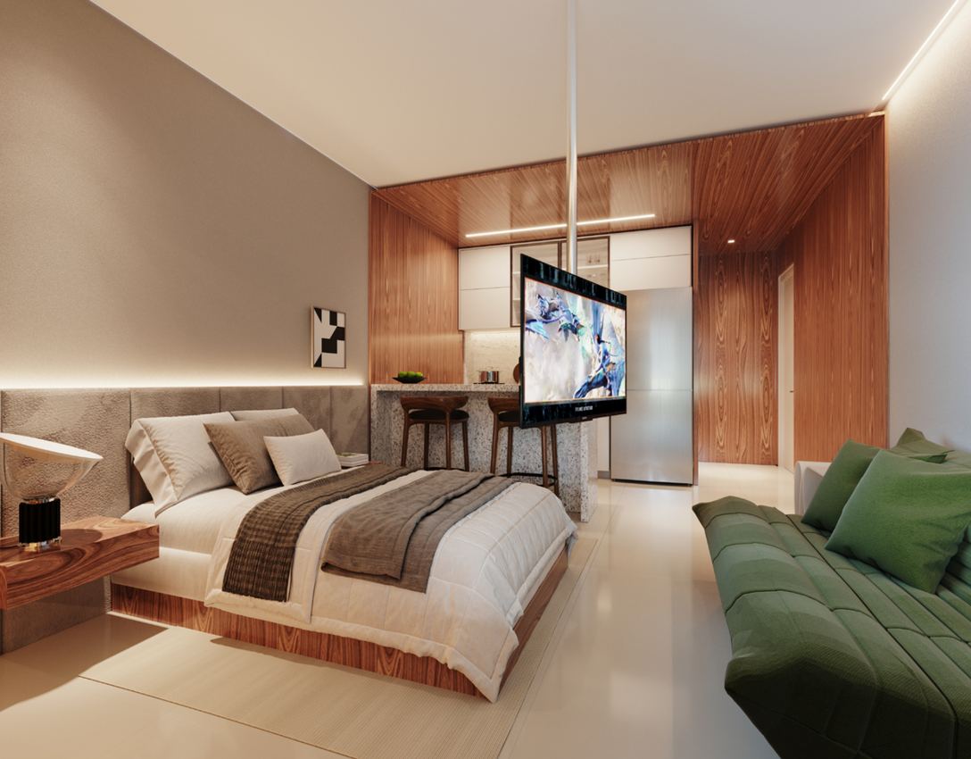 Studio com cama, estar e cozinha integrados