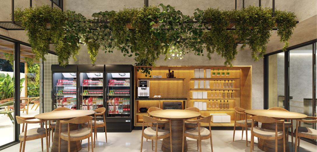 Hub convenience com mesas e geladeiras