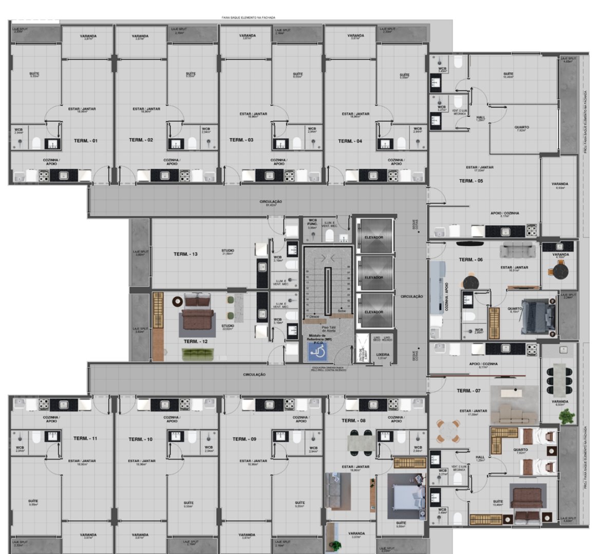 Planta do pavimento tipo do Nuit Blanche, com 13 apartamentos por andar