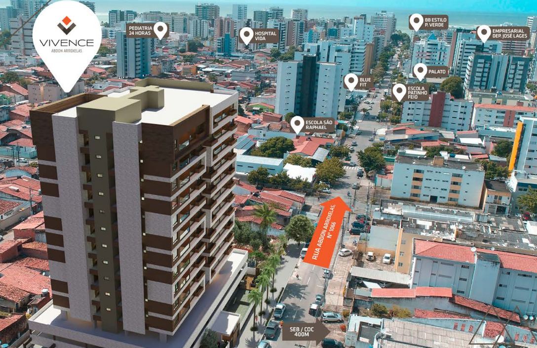 Vista aérea do Vivence na Ponta Verde com os pontos de referência do entorno