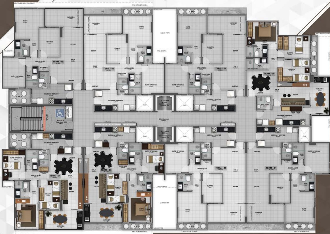Planta do pavimento tipo do Vivence Abdon Arroxelas, com 8 apartamentos por andar