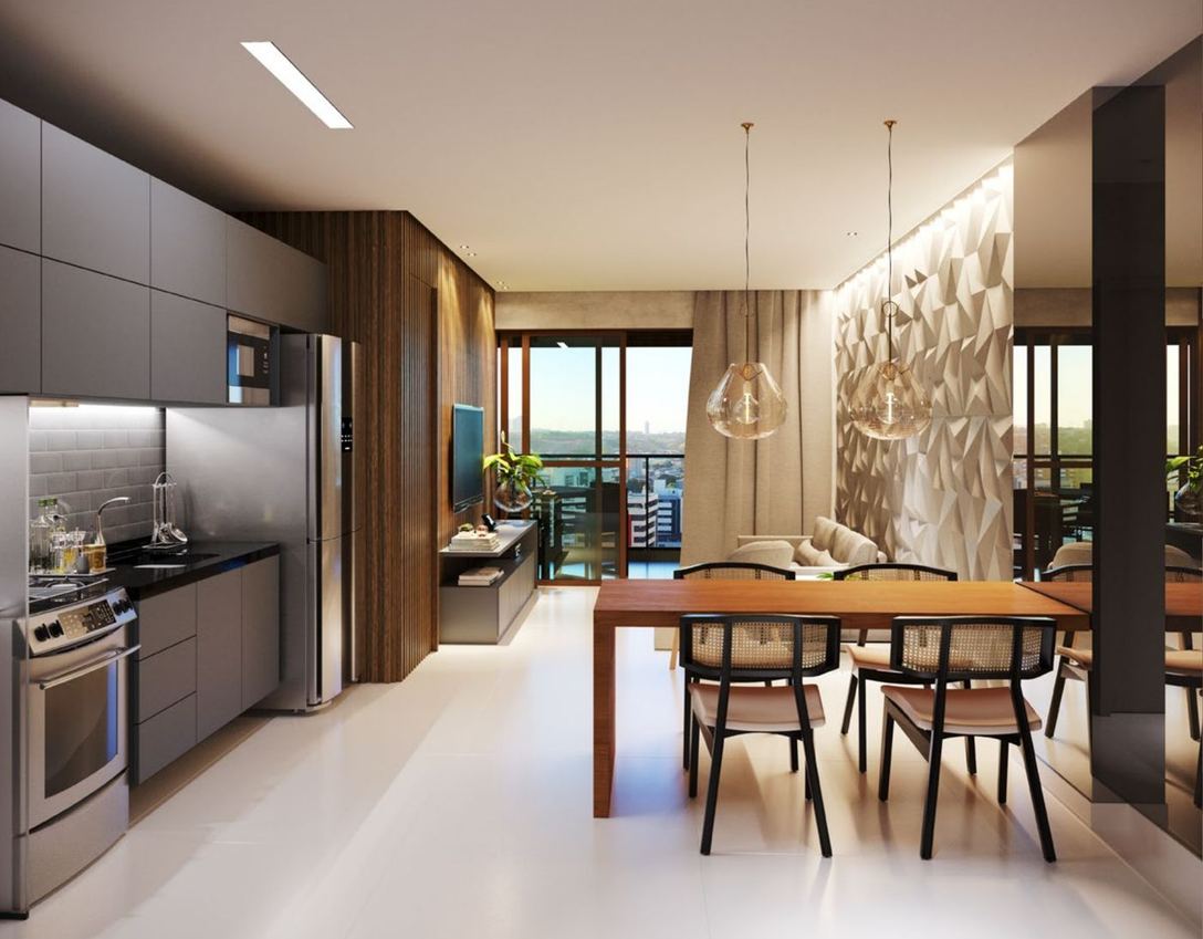 Cozinha e estar integrados do apartamento de quarto e sala