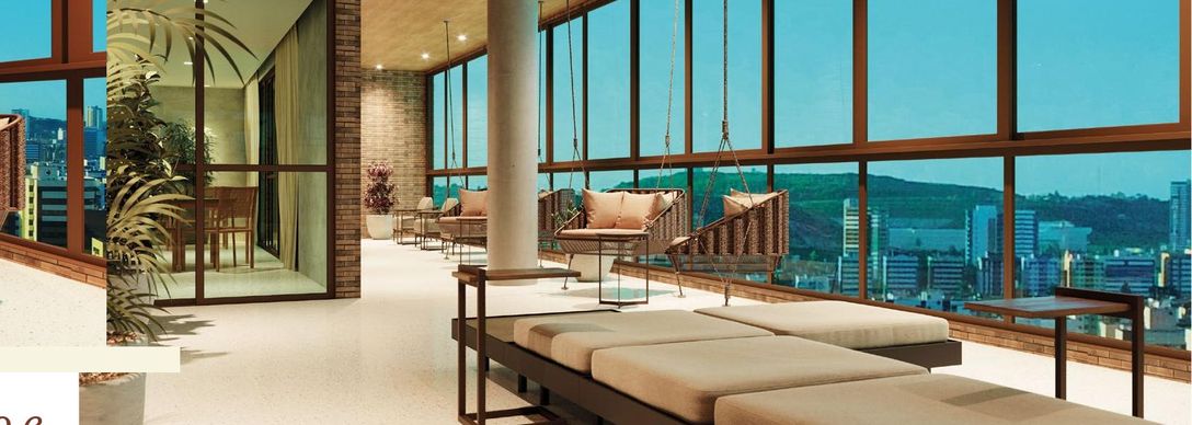 Mega lounge envidraçado com vista para a cidade