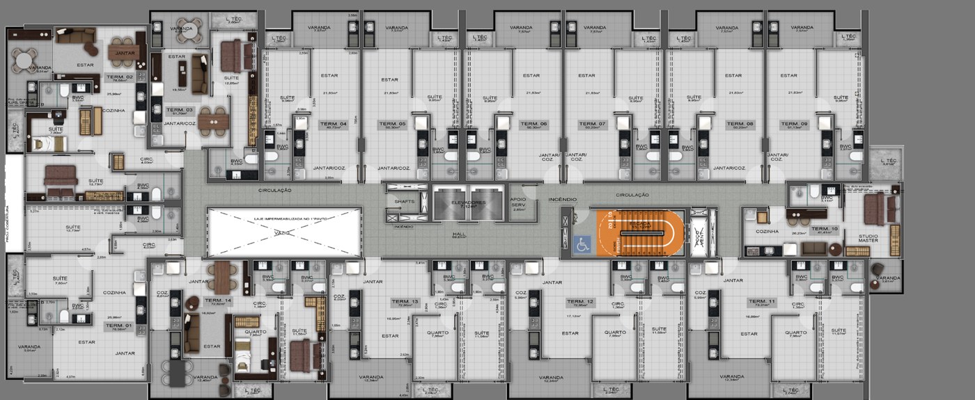 Planta do pavimento tipo do Wish Residence, com 14 apartamentos por andar