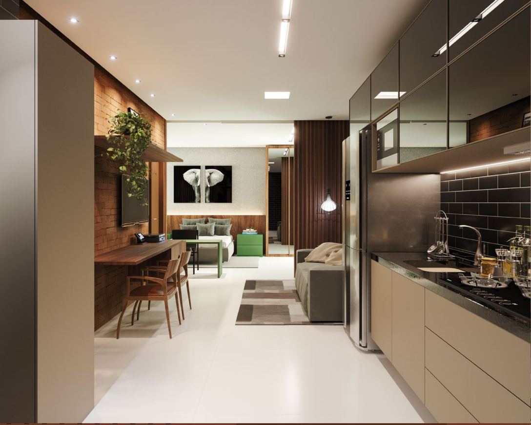 Studio master com cozinha e estar integrados